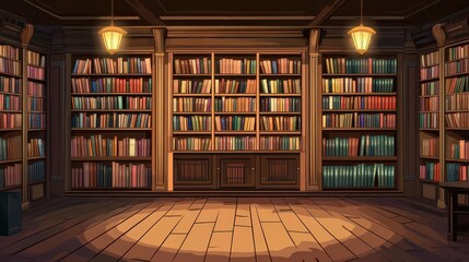 Cozy Library Interior with Tall Bookshelves and Warm Lighting Featuring Rows of Colorful Books in a Serene Atmosphere