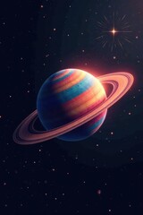 Naklejka premium A vibrant ringed planet basks in the glow of a distant star, a cosmic spectacle of colorful stripes and celestial brilliance.