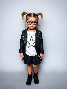 Little fashionable girl hipster punk - dressed in a leather jacket and skirt, black loaches and a white T-shirt, with a funny hairstyle and painted makeup star on her face.