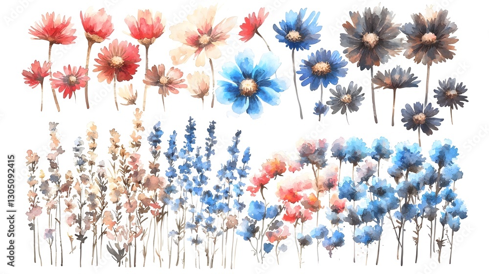 Poster expressive watercolor floral set with harmonious botanical elements on clean background