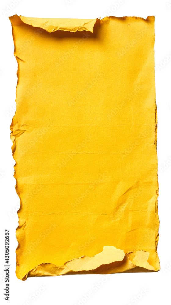 Poster crumpled yellow paper with burned and torn edges on transparent background, ideal for backgrounds, t