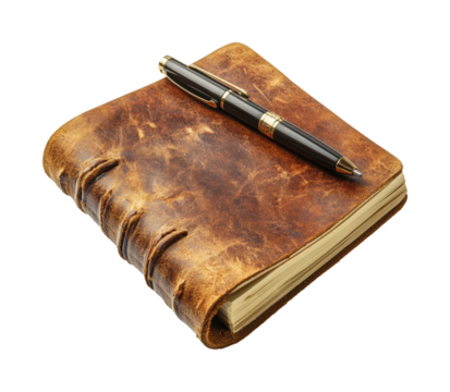 Writing in leather notebook home still life isolated on transparent background png