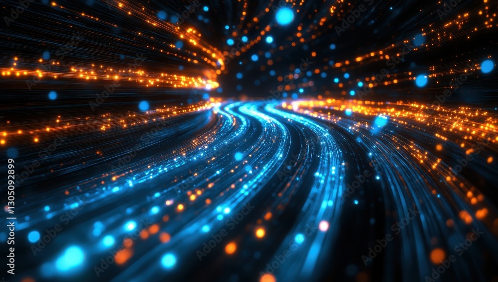 Poster abstract digital background with bright orange and blue light trails flowing through space for techn