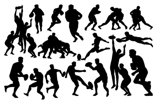 Set of rugby players silhouette on the field. Black and white Vector Illustration