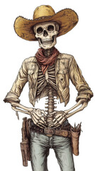 Obraz premium Cowboy skeleton with hat and red scarf posing with hands on belly, guns and brushes on its belt, on transparent background