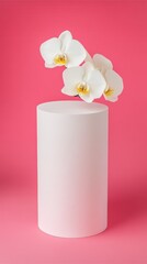 White orchids gracefully positioned above a white cylindrical pedestal against a vibrant pink background. The image features a minimalist aesthetic with clean lines and soft lighting.