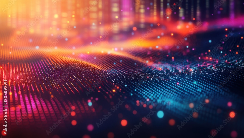 Poster abstract digital background with colorful glowing dots and waves, representing movement and technolo