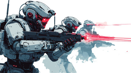 Fototapeta premium A digital illustration depicting three futuristic soldiers in combat. The soldiers are humanoid robots or cyborgs wearing white and grey armor with helmets. They are armed with weapons