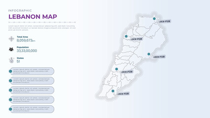 Total Area, Papulation, States & More Detailed Infographic Map of Lebanon. Lebanon country map infographic colored vector template with regions and pointer marks.