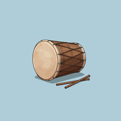 Traditional Drum with Wooden Sticks Resting on Light Blue Surface