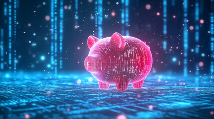 Pink Piggy Bank in Front of Blue Digital Matrix Background