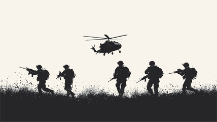 The image is a monochrome illustration depicting five soldiers silhouetted against a light background, walking across a field of tall grass.  A helicopter is centrally positioned above