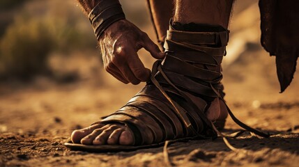 A person securing the leather sandals on their bare foot