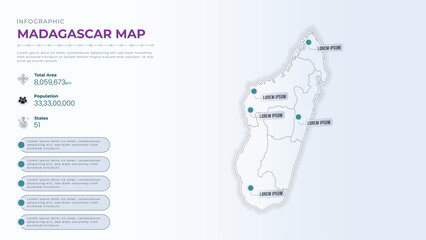 Total Area, Papulation, States & More Detailed Infographic Map of Madagascar. Madagascar country map infographic colored vector template with regions and pointer marks.