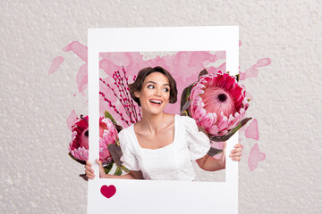 Sketch image trend artwork montage photo collage of young lady appear photo frame hold protea...