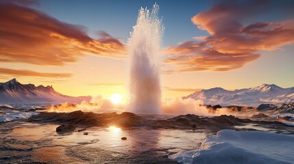Fototapeta premium A spectacular geyser explosion in Iceland, with hot water reaching the sky against a backdrop of snow-covered mountains.