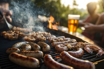 Outdoor grilling party with sausages, shrimp, and beer