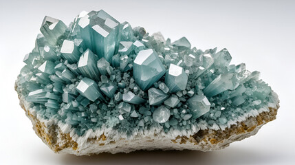 Closeup of unpolished Alunite rock mineral sample showcasing intricate crystal structures on a white background.