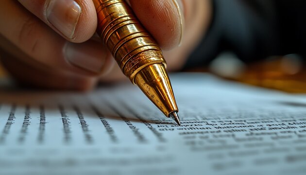 Hand edits text with pen indoors
