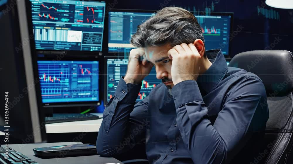 Poster stressed man in office analyzing financial data and charts on multiple screens for better insights