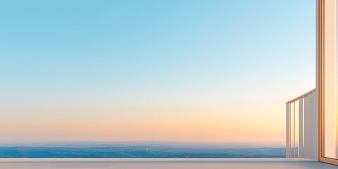 Seaside Vista: A breathtaking, minimalist perspective of a balcony overlooking a serene, expansive ocean and a gradient sky, rendered in photorealistic detail.