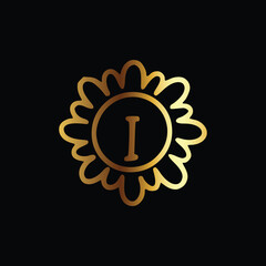 Fototapeta premium Golden letter I monogram in floral badge style in black background luxury emblem design