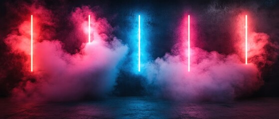 Abstract neon lights in a smoky room creating a futuristic atmosphere with vibrant red and blue colors illuminating a dark textured background