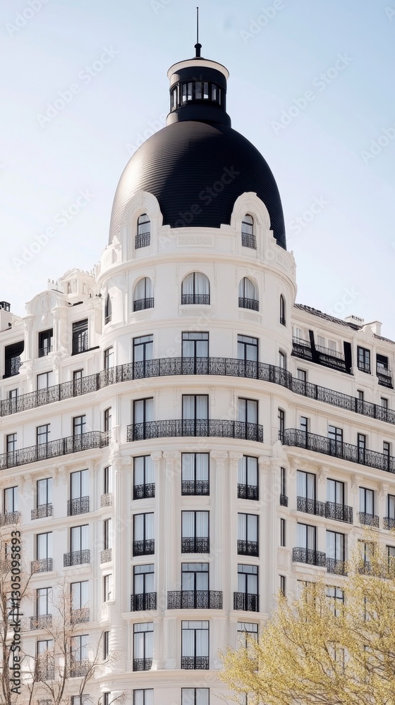 Poster white building with a black dome, featuring numerous windows and balconies against a bright sky. tre