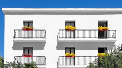 White building with balconies and flower boxes. Yellow and red flowers add a pop of color against the bright white walls under a clear blue sky.