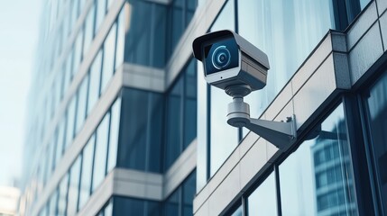 Security camera mounted on a building monitoring the surrounding area for safety and surveillance in a modern urban environment