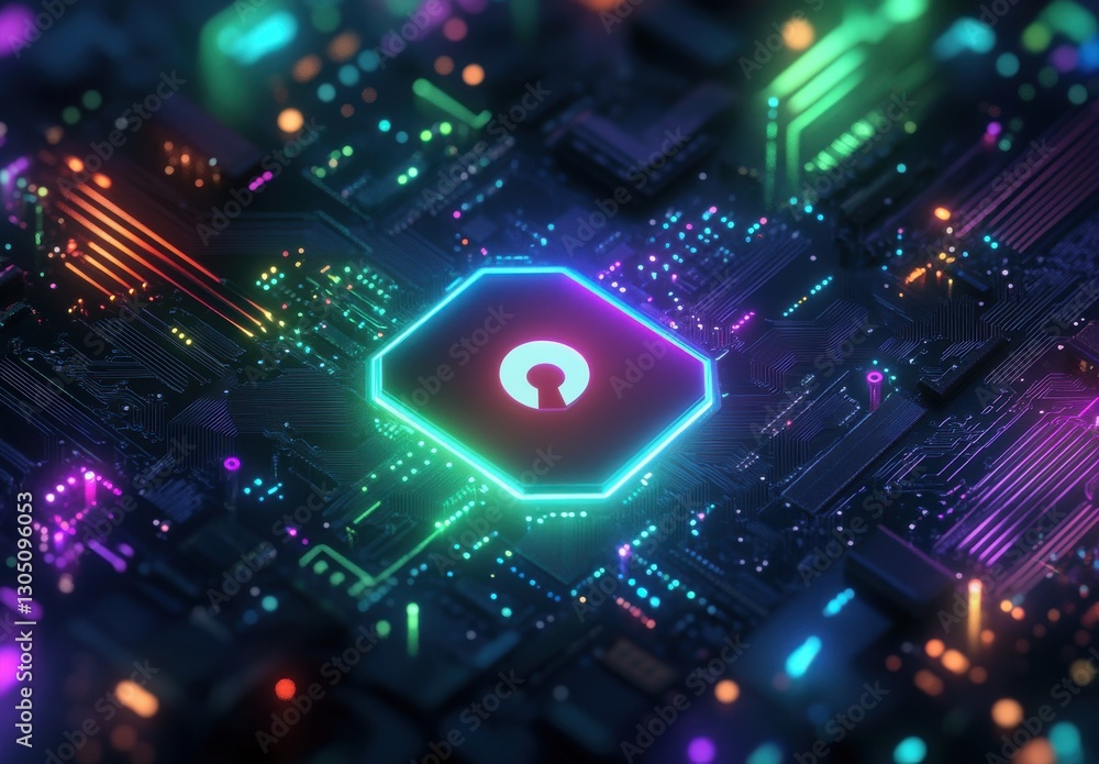 Poster abstract digital circuit board with colorful neon highlights and a central lock symbol representing 