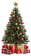 Decorated Christmas tree with red and gold ornaments, lights, and gifts underneath, isolated on a transparent background