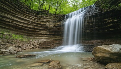 Serene Waterfall Cascading Over Rock Formation Surrounded by Lush Green Trees in Tranquil Natural Landscape Setting