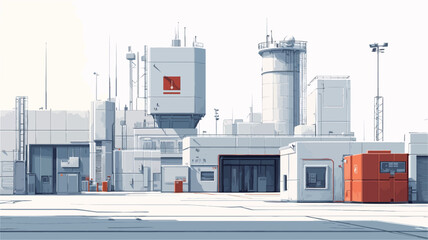 A digital illustration depicting a modern industrial complex. The image is rendered in a clean, stylized manner, featuring primarily white and grey buildings of varying heights and shapes.