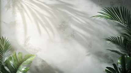 Sunlight shadows on textured wall with tropical plants