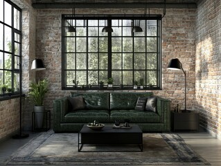 Modern Industrial Living Room with Green Sofa in Front of Large Windows Style Interior Design With