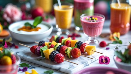 Colorful fruit skewers and refreshing smoothies displayed on a vibrant table for summer gathering