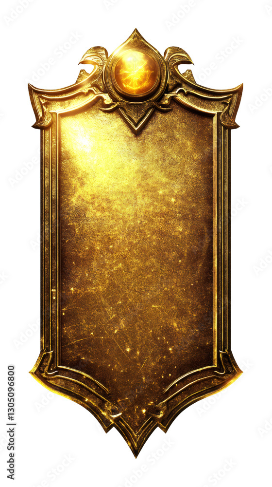 Poster Vertical golden fantasy game ui plaque with an orange gem is glowing on a transparent background
