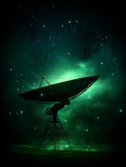 Cosmic Call: A massive satellite dish poised against a breathtaking, star-studded canvas, capturing the vastness and mystery of space.