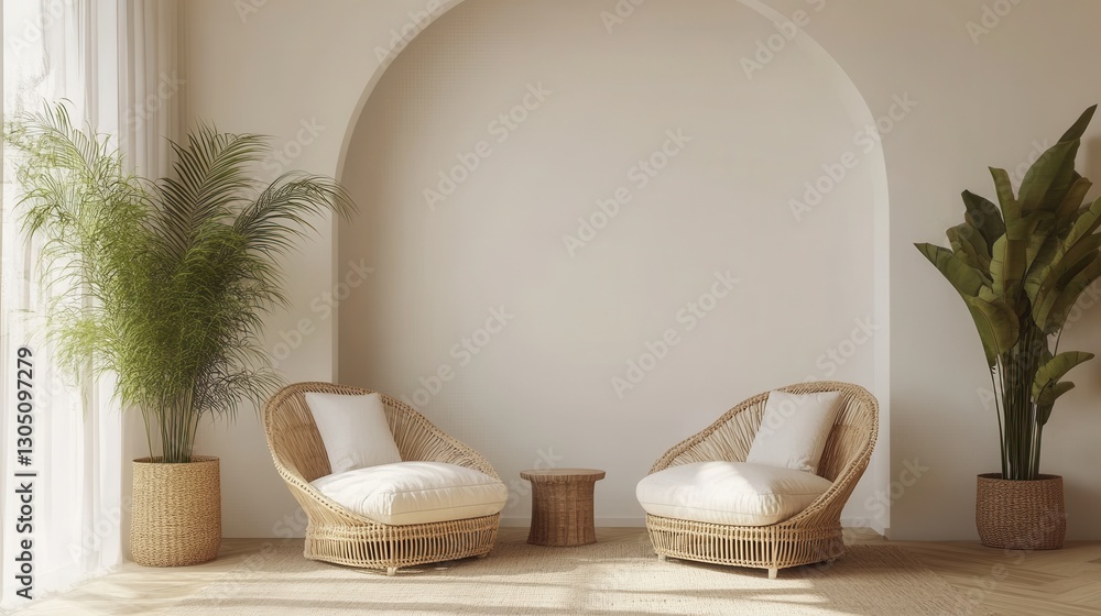 Poster serene interior with wicker chairs and lush plants creating a tranquil and inviting space for relaxa