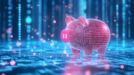 Pink Piggy Bank on Glowing Blue Ground with Blue and Pink Particles