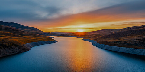 A serene sunset over a winding river, surrounded by rolling hills, creating a picturesque landscape filled with warm, golden hues.