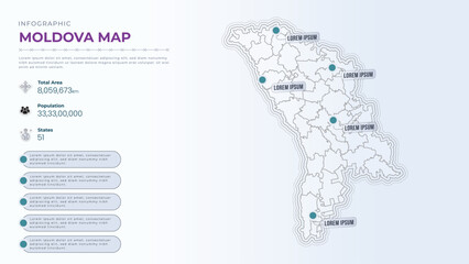 Total Area, Papulation, States & More Detailed Infographic Map of Moldova. Moldova country map infographic colored vector template with regions and pointer marks.