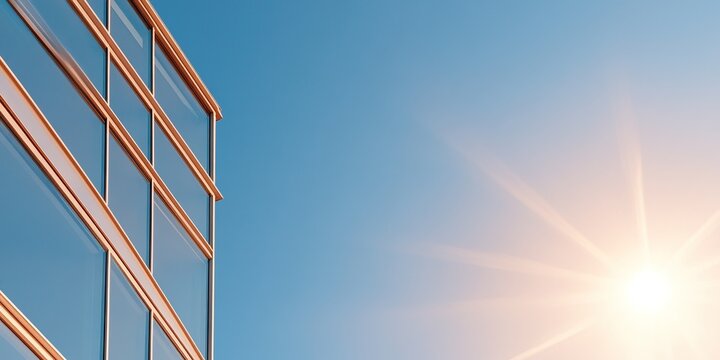 Architectural Ascendancy: A modern glass facade, catching the sun's rays. The sleek lines of a modern building soar towards a clear blue sky, bathed in sunlight.