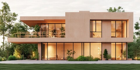 Fototapeta premium Modern Home with Large Windows: A contemporary architectural masterpiece showcasing sleek lines, expansive windows, and a harmonious blend of nature and design, capturing the essence of modern living.