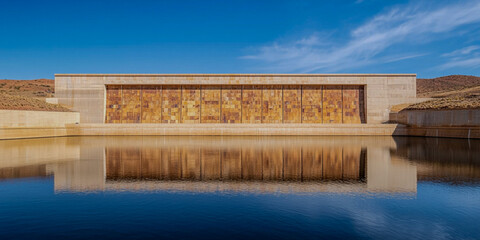 Naklejka premium A modern architectural structure with wooden panels, reflected in calm water, set against a clear blue sky.