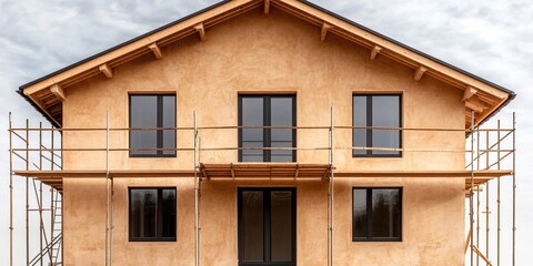 Construction Dream: A detailed view of a house under construction reveals the framework and building materials. The scaffolding hints at ongoing progress.