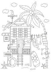 Summer Coloring Page Of Beach House For Adults And Kids
