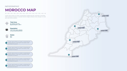 Total Area, Papulation, States & More Detailed Infographic Map of Morocco. Morocco country map infographic colored vector template with regions and pointer marks.