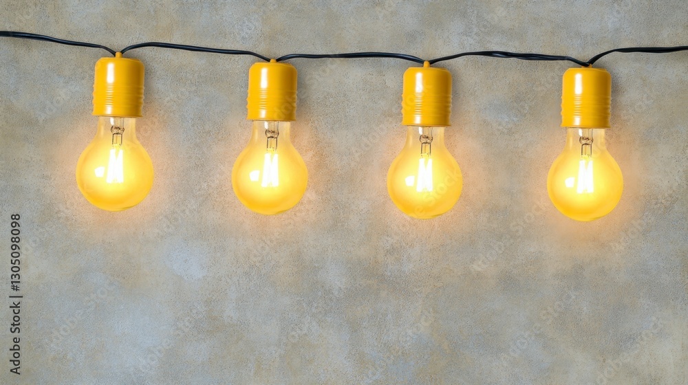 Poster string of warm toned yellow lights with mustard yellow caps against a textured gray background. the 